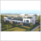 Vue en perspective d'un immeuble collectif de logements à toits-terrasses, avec jardins et terrasses au rez-de-chaussée 