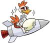 Logo Rocketry Challenge 2027 - Dessin d'une poule tenant un oeuf dans une fusée en vol