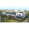 Vue en perspective d'un immeuble collectif de logements à toits-terrasses, avec jardins et terrasses au rez-de-chaussée 